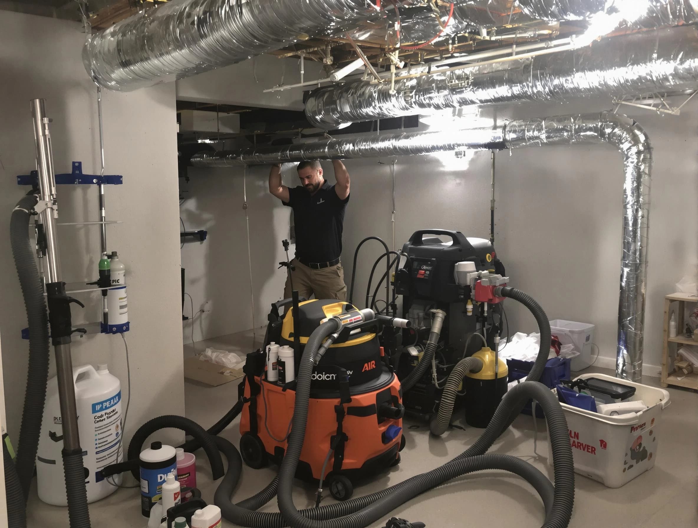Harrison Air Duct Cleaning specialist performing professional mold removal from air ducts using safety equipment in Harrison