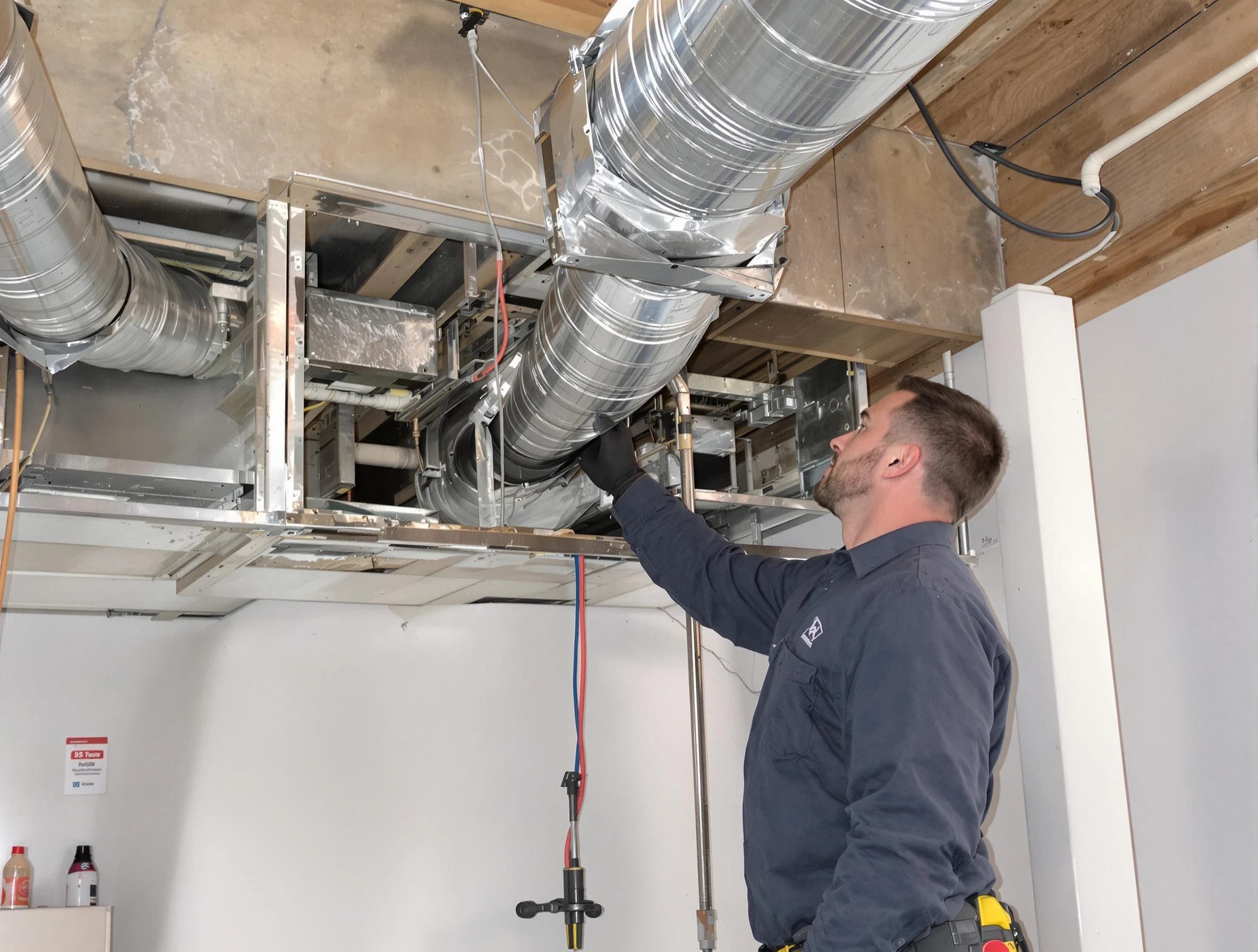 Harrison Air Duct Cleaning technician performing professional air duct repair using specialized tools in Harrison