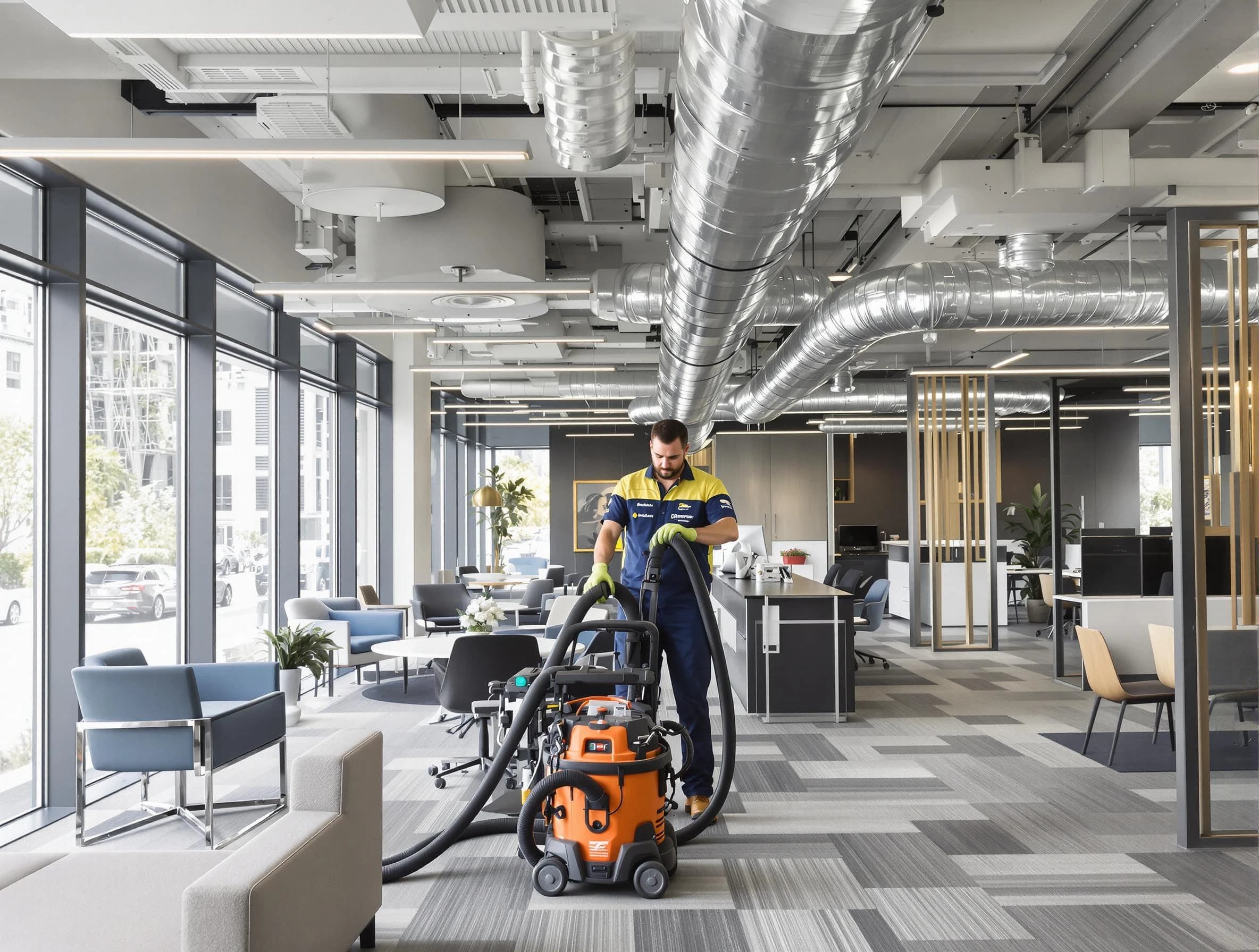 Harrison Air Duct Cleaning team performing thorough commercial duct cleaning at a Harrison business center