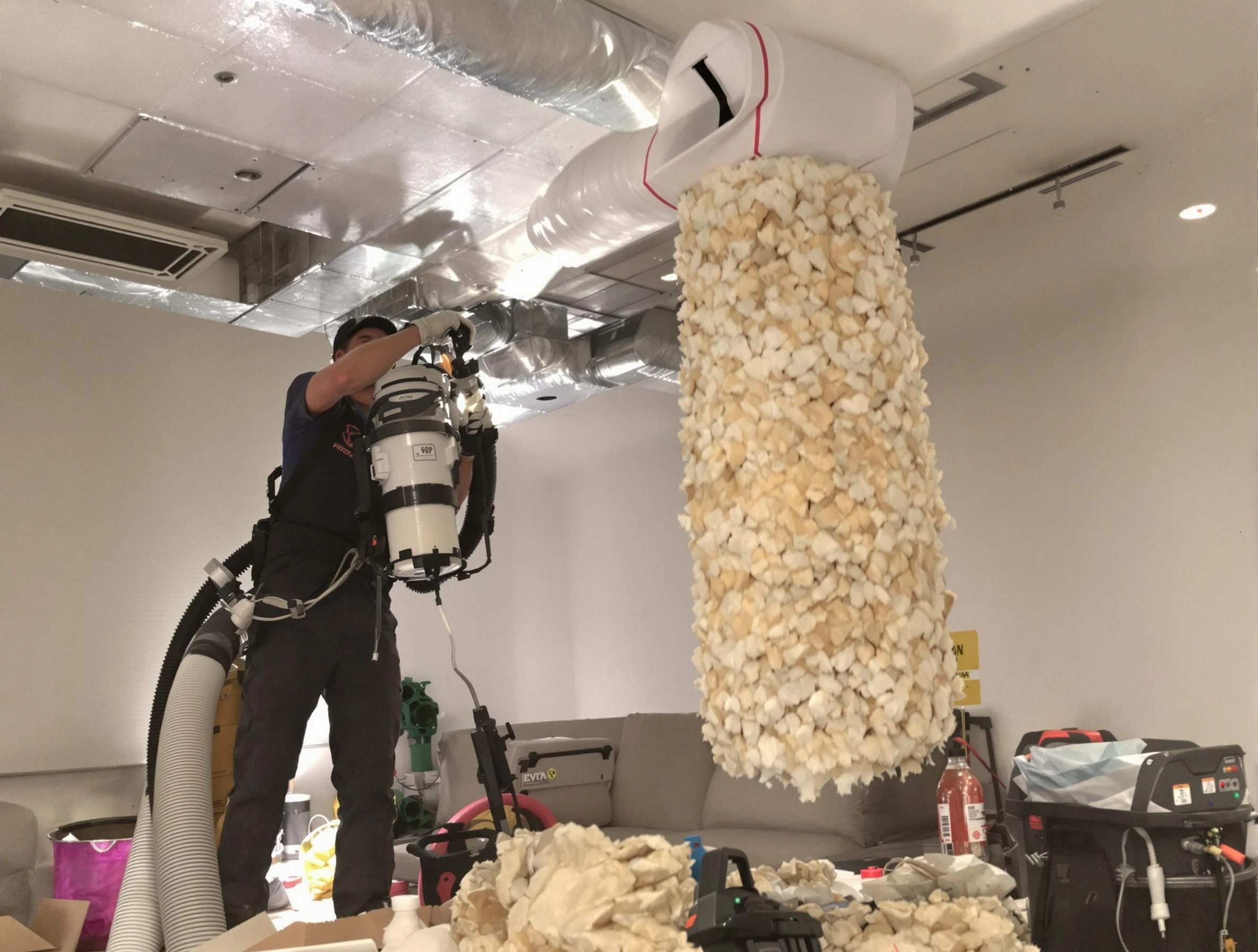 Harrison Air Duct Cleaning technician performing precision vacuum insulation removal in a residential property in Harrison